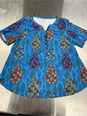Flycurvy Blue Short Sleeve Geometric Print Tee Women’s XXL